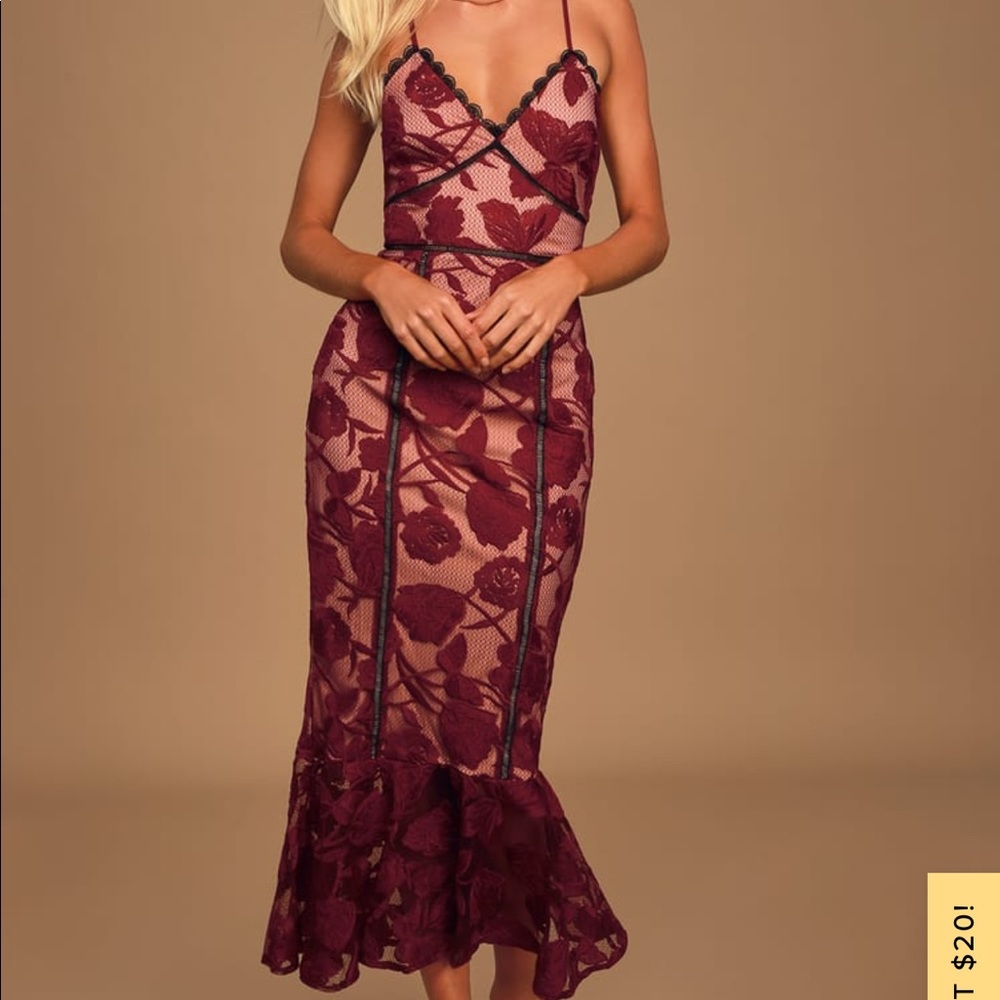 Lulus Burgundy Floral Mesh Lace Trumpet Midi Dress